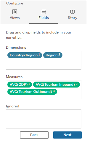 設定窗格,其中包含拖放要包含在故事中的維度和度量的選項