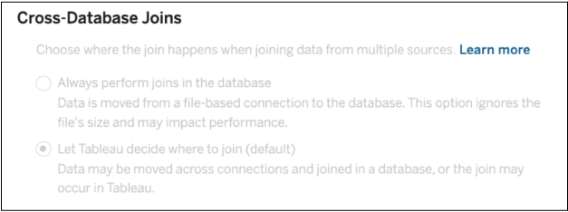 跨資料庫聯結設定，選項包括始終在資料庫中執行聯結或讓 Tableau 決定在何處聯結。