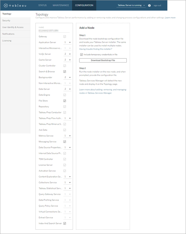 Tableau Server 部署中的程序清單和執行個體數。