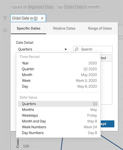 針對具體日期的日期篩選器對話方塊。 